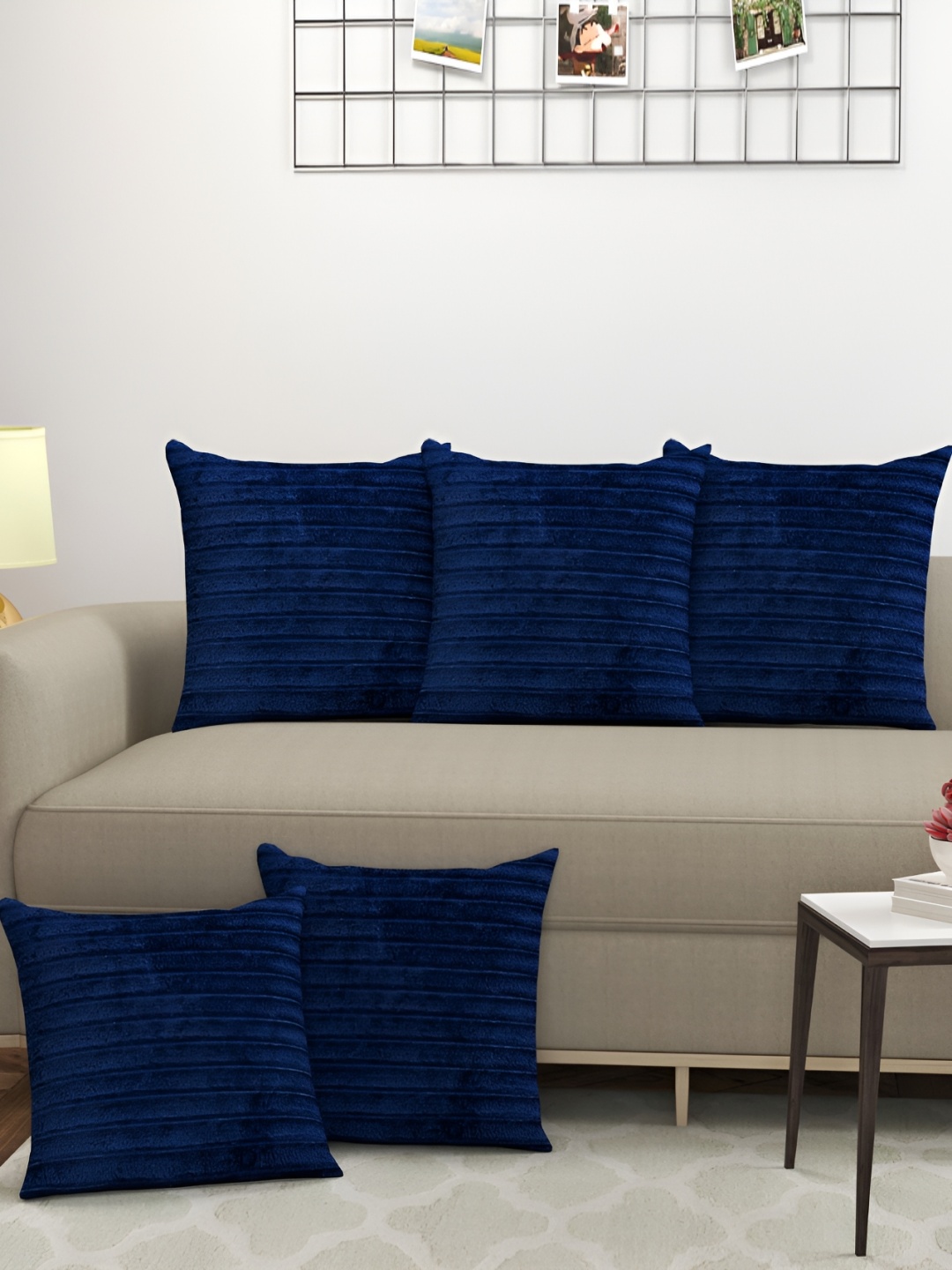 

JUBILANT HOME FASHION Blue 5 Pieces Striped Velvet Square Cushion Covers