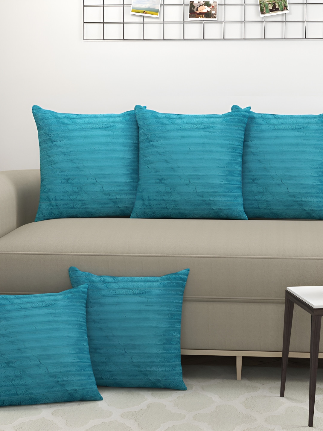 

JUBILANT HOME FASHION Turquoise Blue 5 Pieces Striped Velvet Square Cushion Covers
