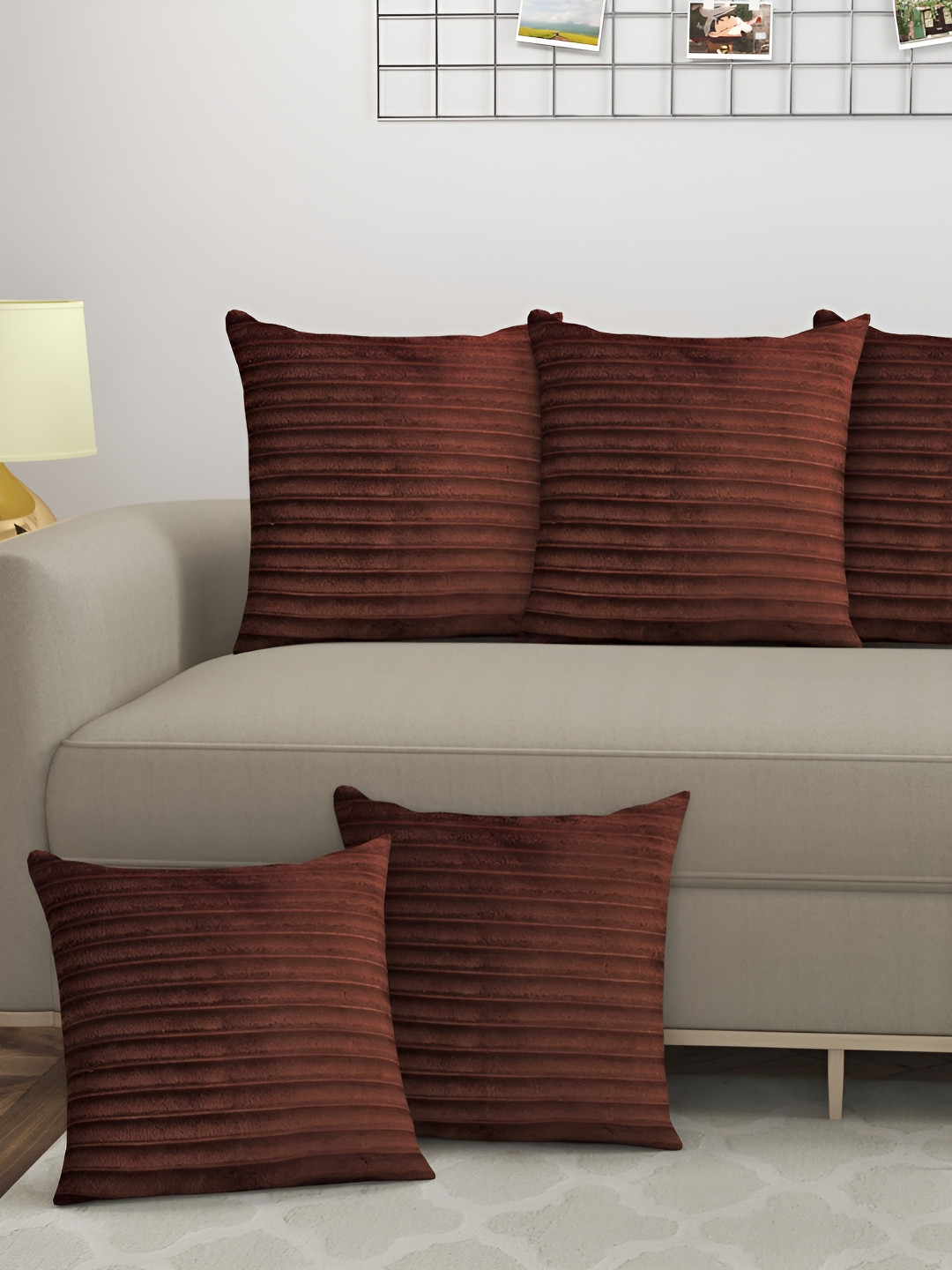 

JUBILANT HOME FASHION Brown 5 Pieces Striped Velvet Square Cushion Covers