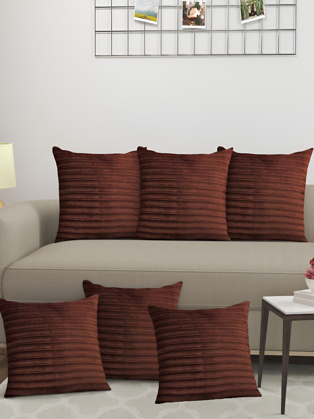 

JUBILANT HOME FASHION Brown 6 Pieces Striped Velvet Square Cushion Covers