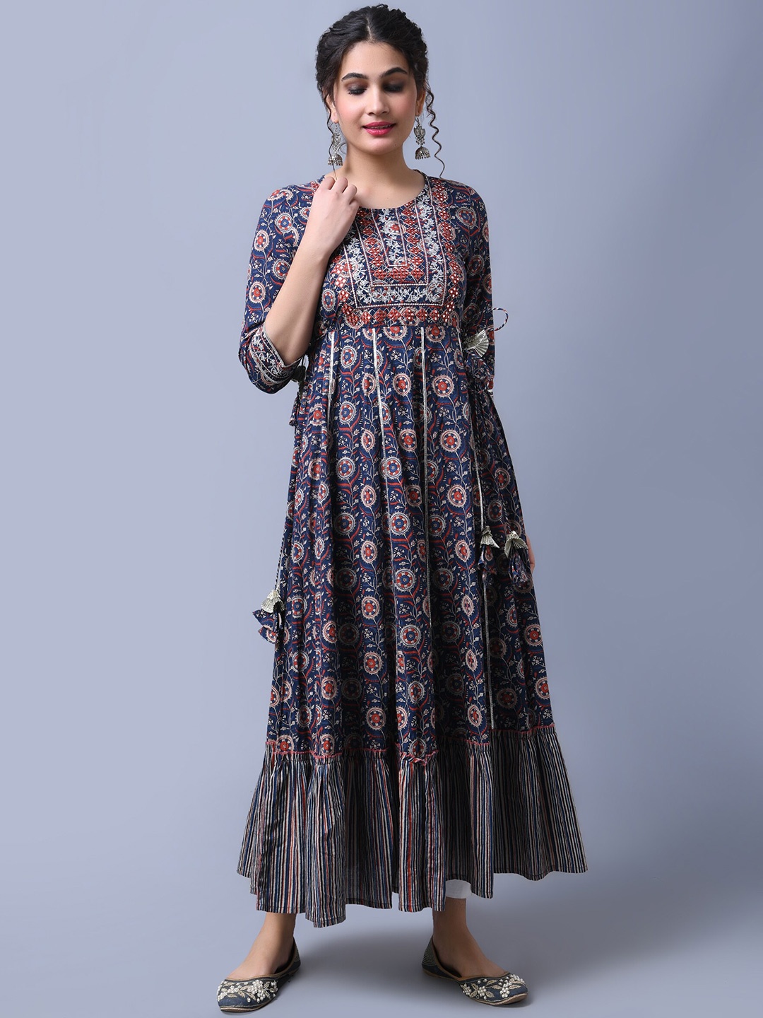

all about you Blue & Orange Floral Printed Round Neck A-Line Maxi Dress, Navy blue