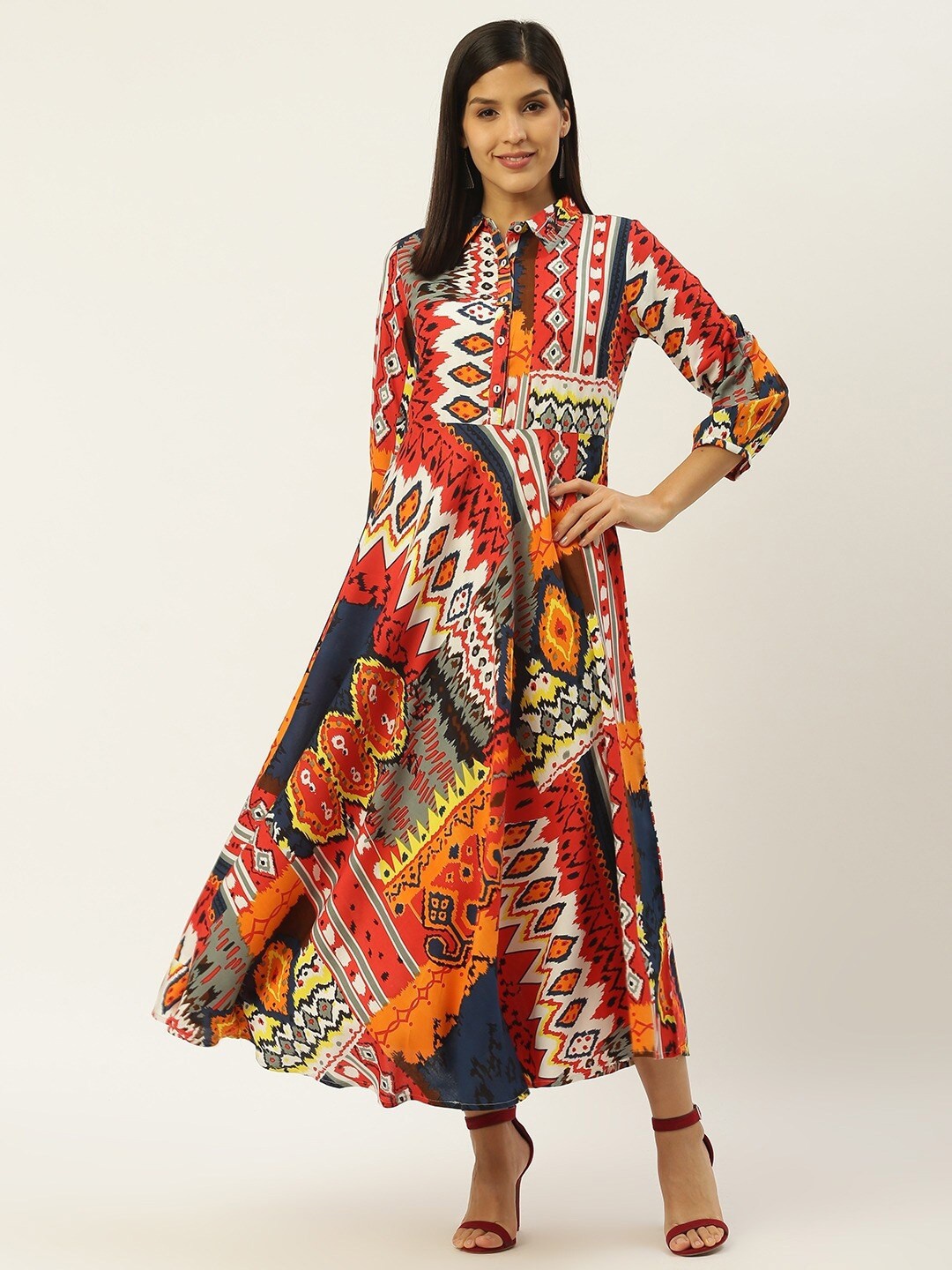 

all about you Orange & White Ethnic Motifs Printed Shirt Collar Maxi Dress