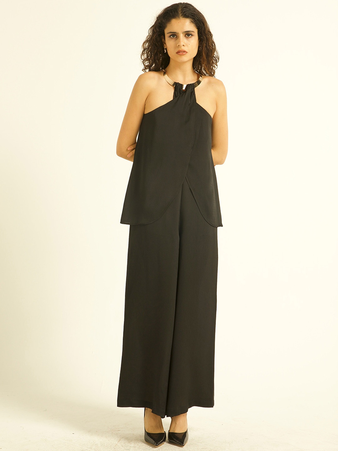 

Dash and Dot Halter Neck Front Overlap Top & Palazzo Co-Ords, Black