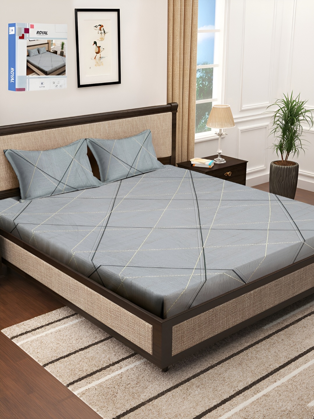 

KLOTTHE Grey & Beige Geometric 300 TC Double King Bedsheet With 2 Pillow Covers