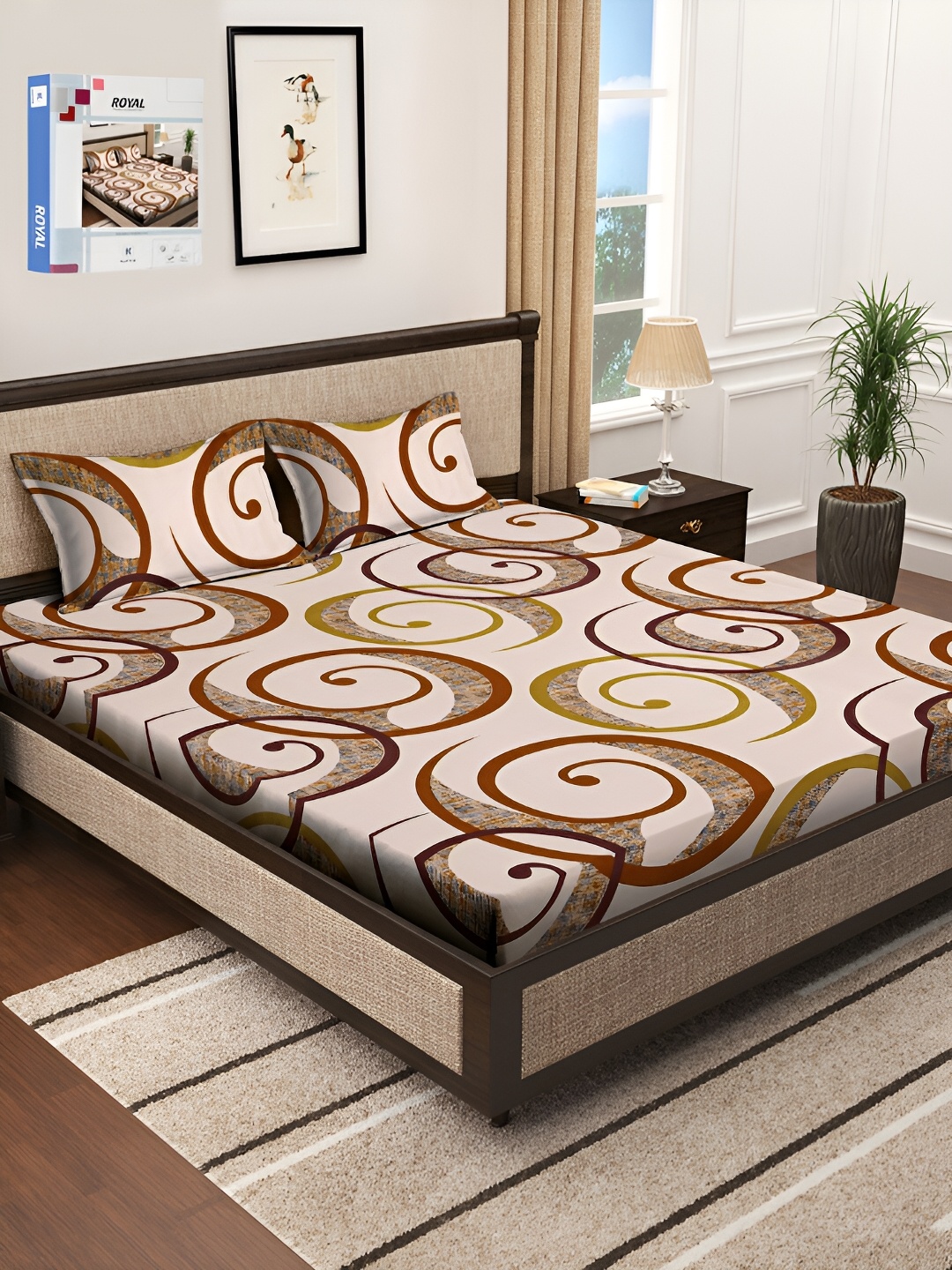 KLOTTHE Beige & Brown Geometric 300 TC Single Bedsheet With 2 Pillow Covers