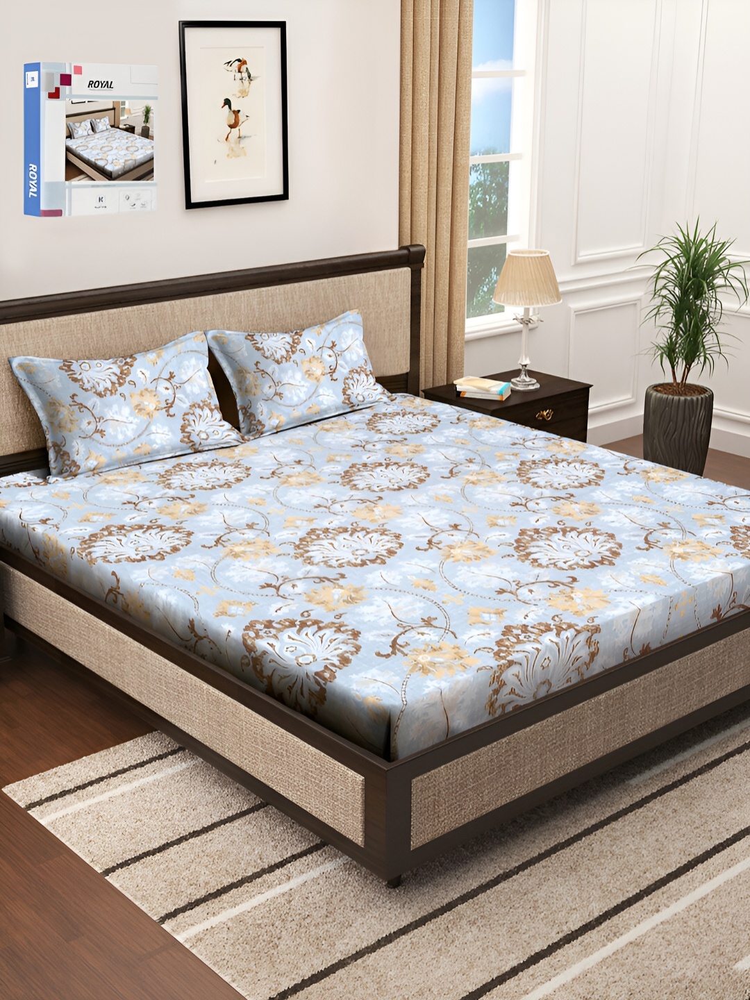 KLOTTHE Blue & Brown Floral Printed 300 TC Double King Bedsheet With 2 Pillow Covers