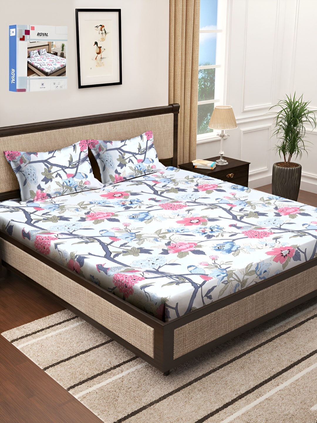 

KLOTTHE White & Pink Floral 300 TC Double King Bedsheet With 2 Pillow Covers