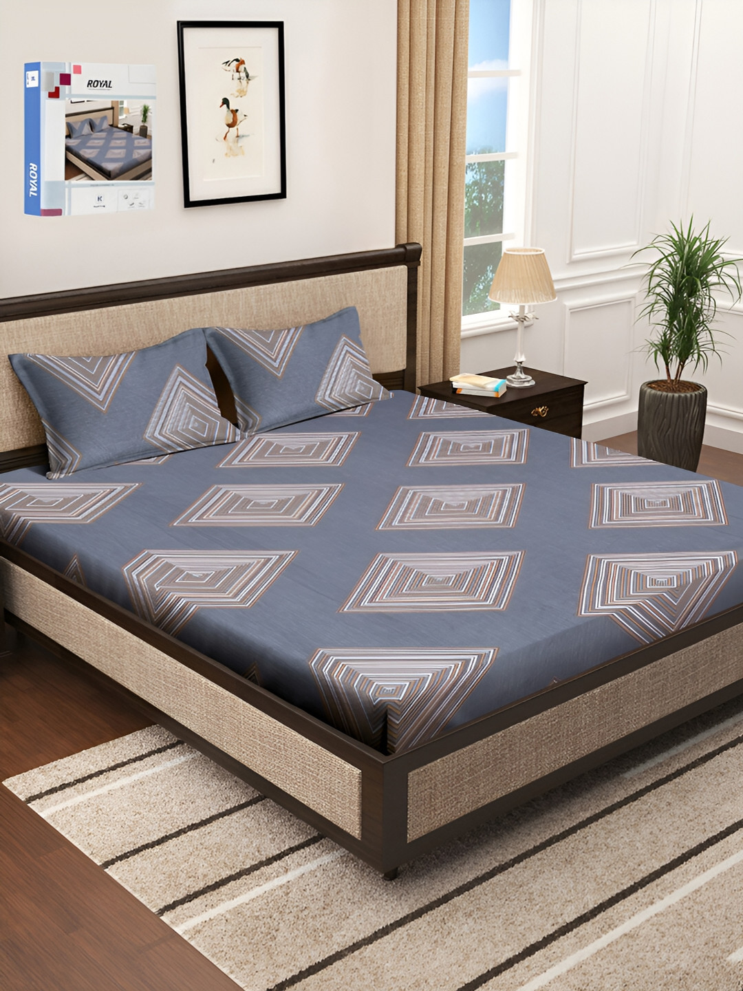 

KLOTTHE Blue & Brown Geometric Printed 300 TC King Bedsheet with 2 Pillow Covers