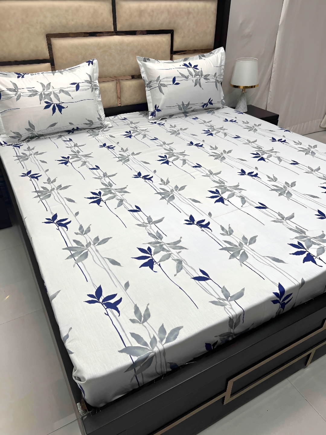 

Pure Decor White & Blue Floral Printed 400 TC King Bedsheet Set
