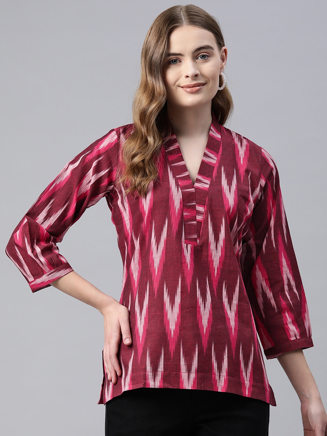 

One Femme Ikat Printed Cotton Top, Maroon