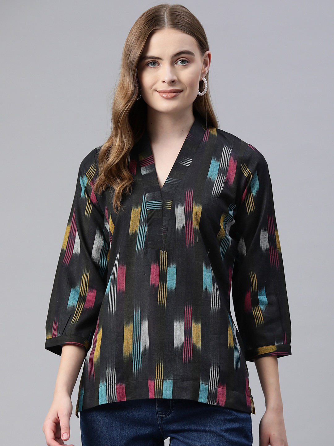 

One Femme Ikat Printed Cotton Top, Black