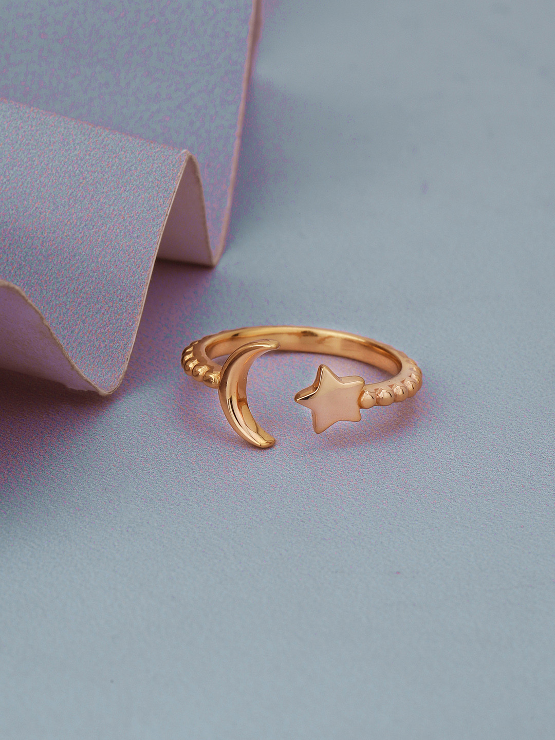 

VANBELLE Women 925 Sterling Silver 18Kt Rose Gold Plated Moon & Star Adjustable Finger Ring