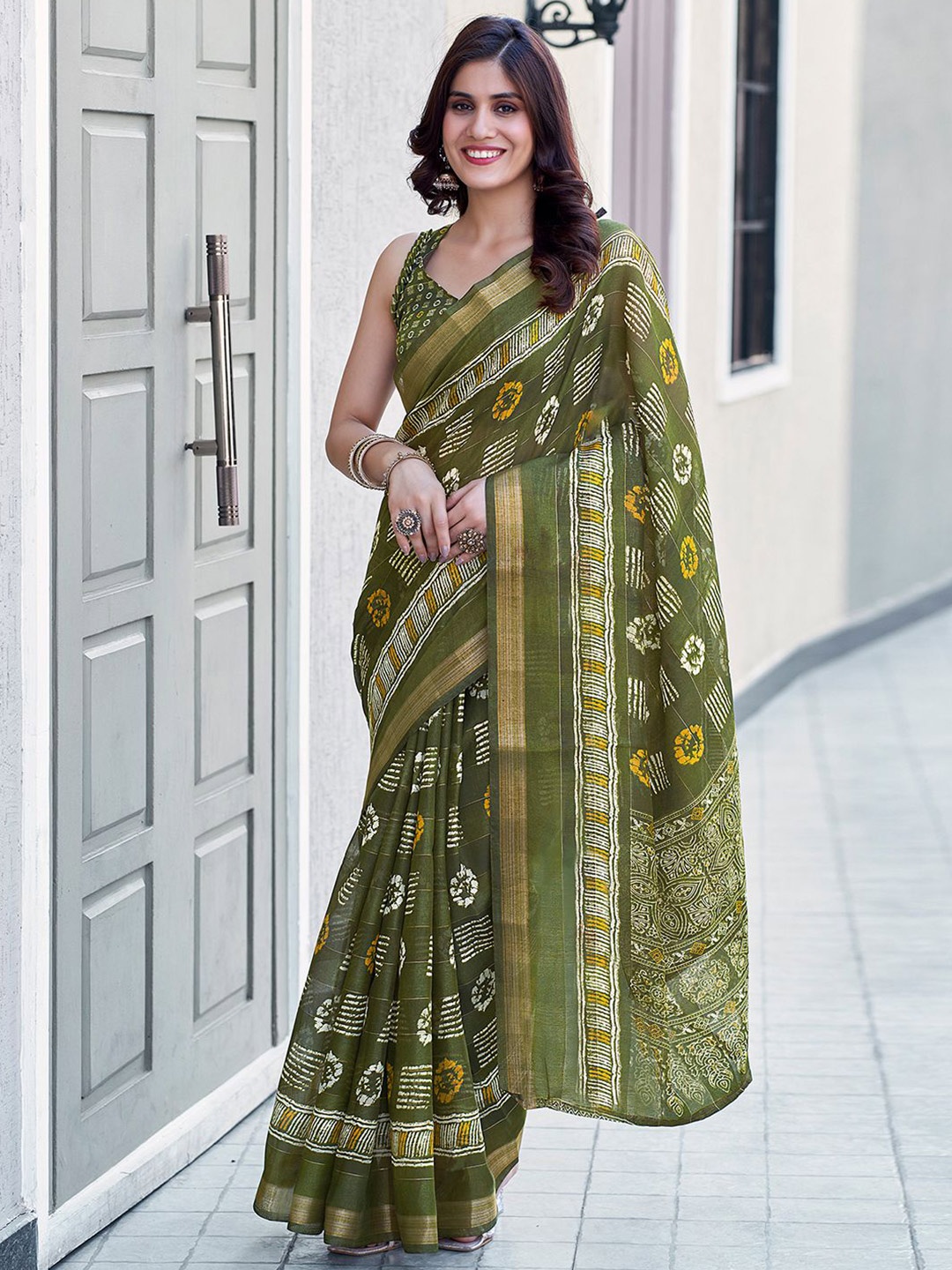 

KALINI Ethnic Motifs Printed Zari Detailed Saree, Olive