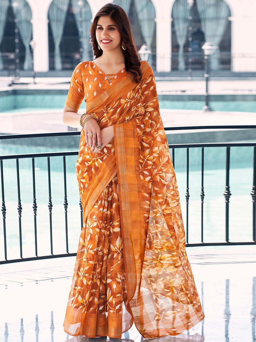 

KALINI Floral Printed Zari Saree, Orange