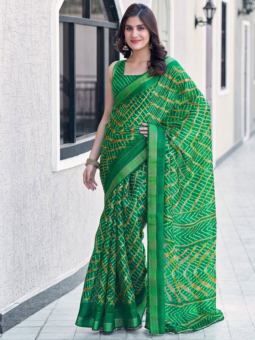 

KALINI Geometric Printed Zari Leheriya Saree, Green