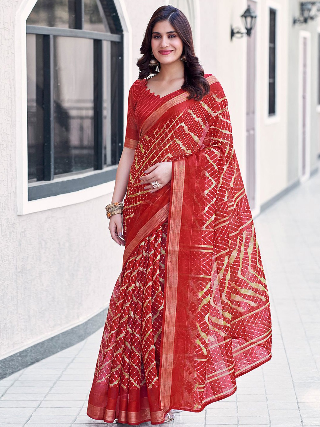 

KALINI Geometric Printed Zari Leheriya Saree, Red