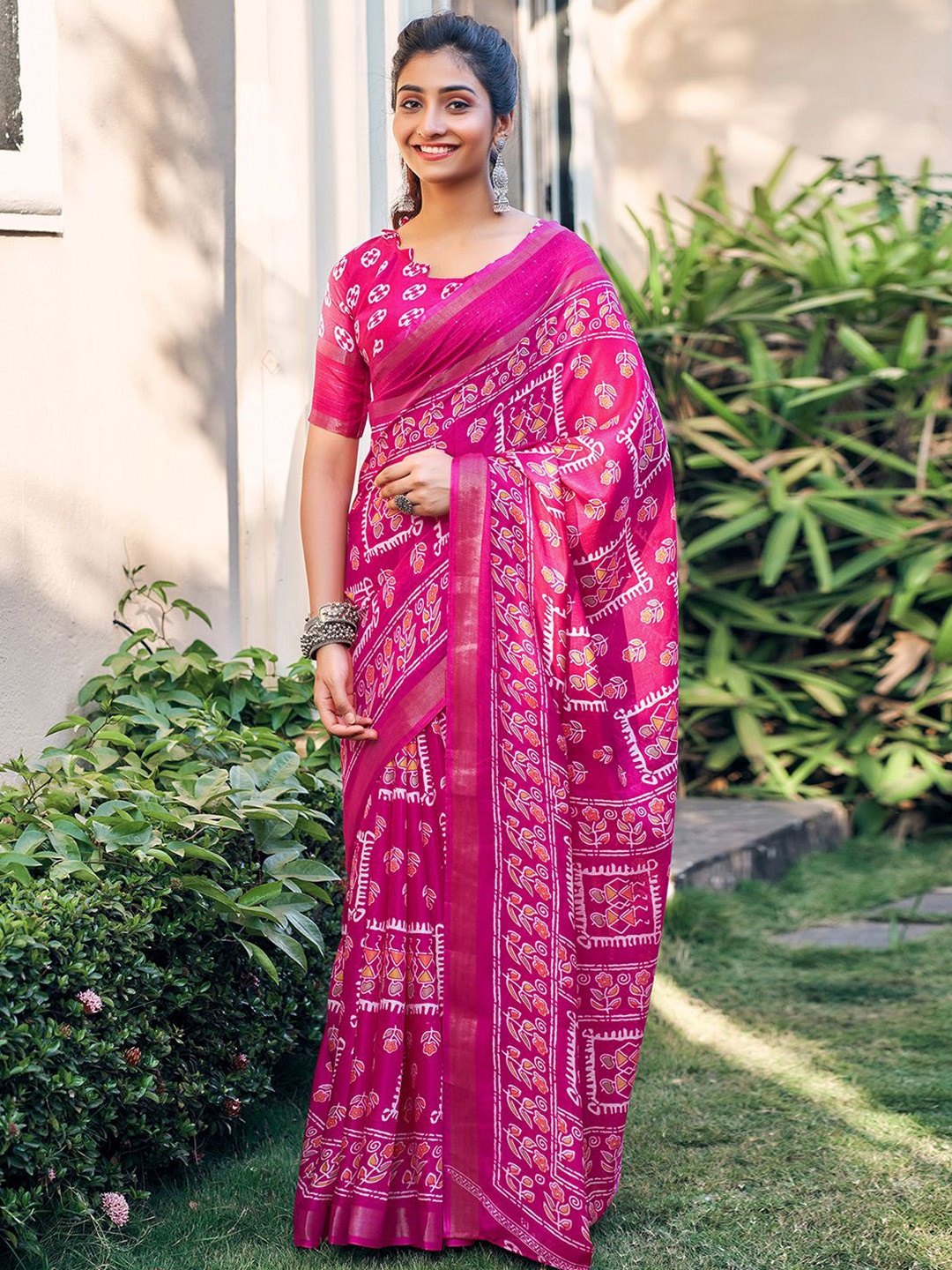 

KALINI Ethnic Motifs Printed Zari Dola Silk Ikat Saree, Pink