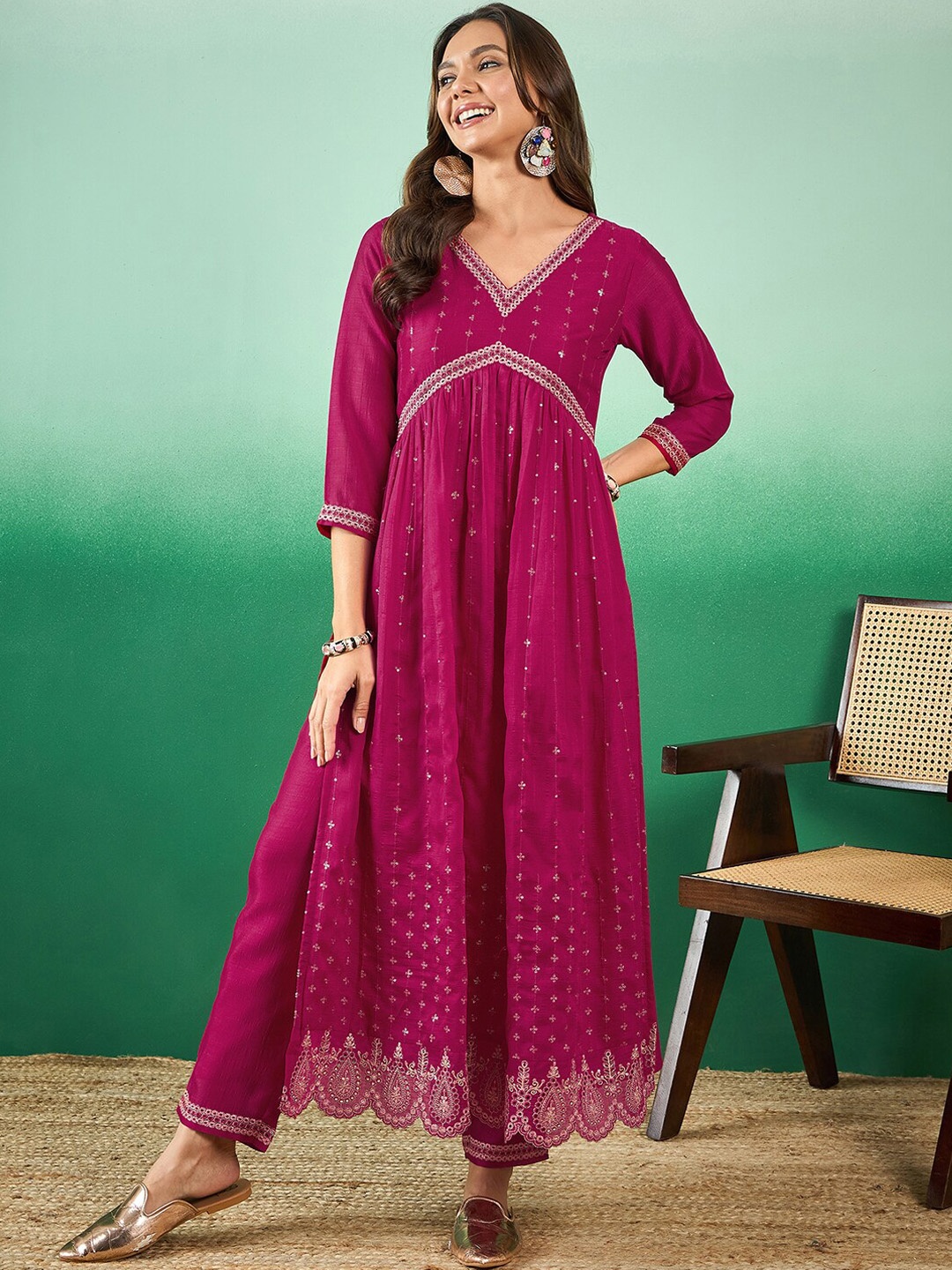 

Sangria Ethnic Motifs Embroidered A-Line Kurta With Trouser, Pink