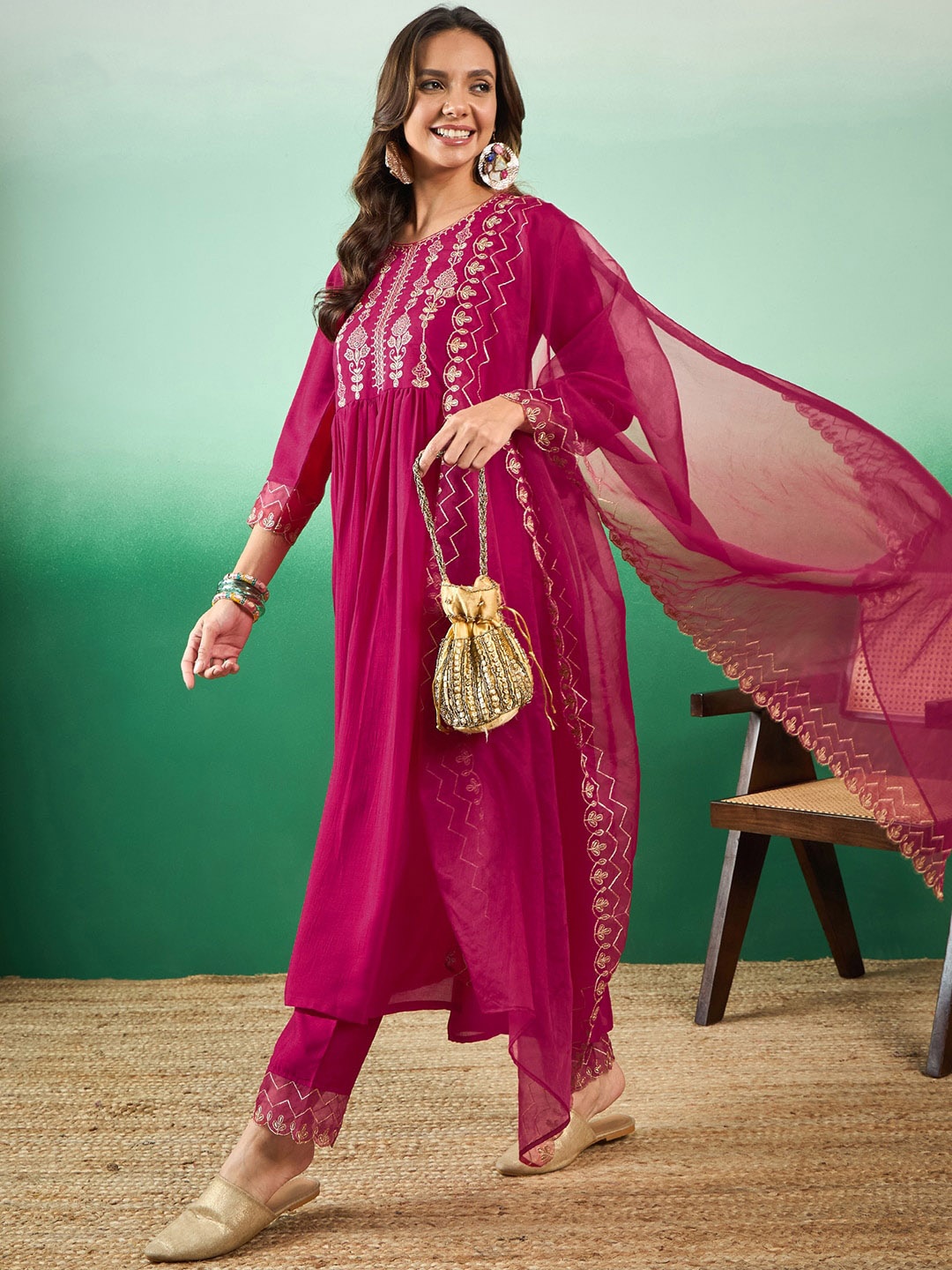 

Sangria Embroidered Round Neck Straight Kurta With Trousers & Dupatta, Pink