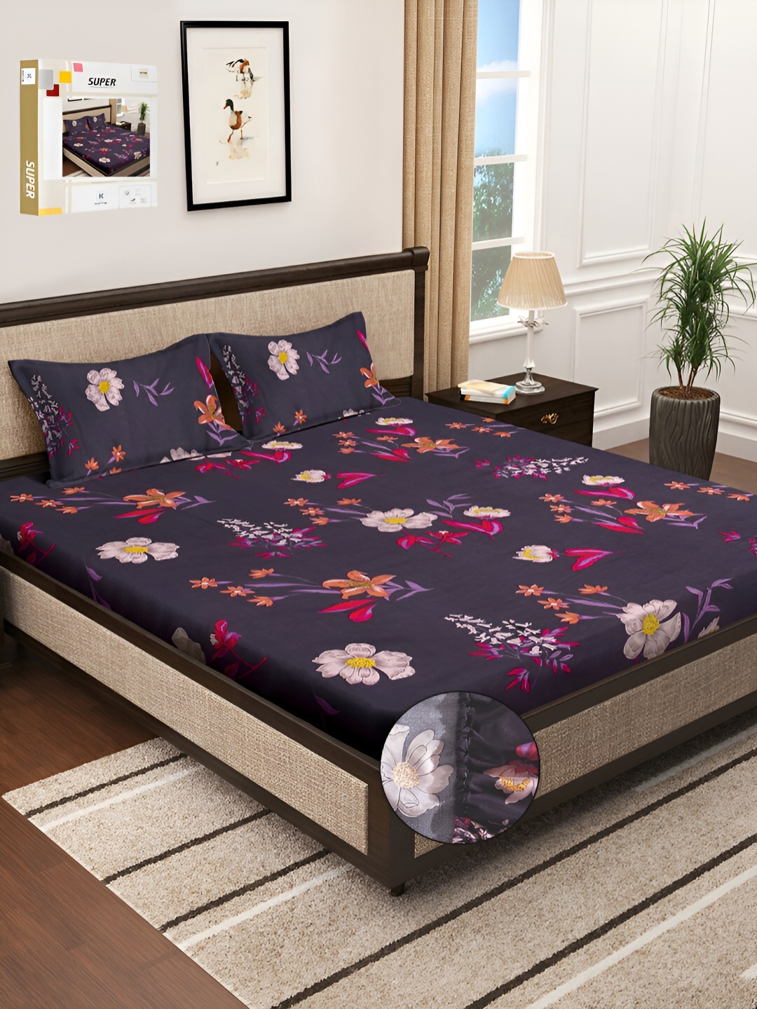 KLOTTHE Navy Blue Floral Printed 300 TC Fitted Double King Bedsheet & 2 Pillow Covers