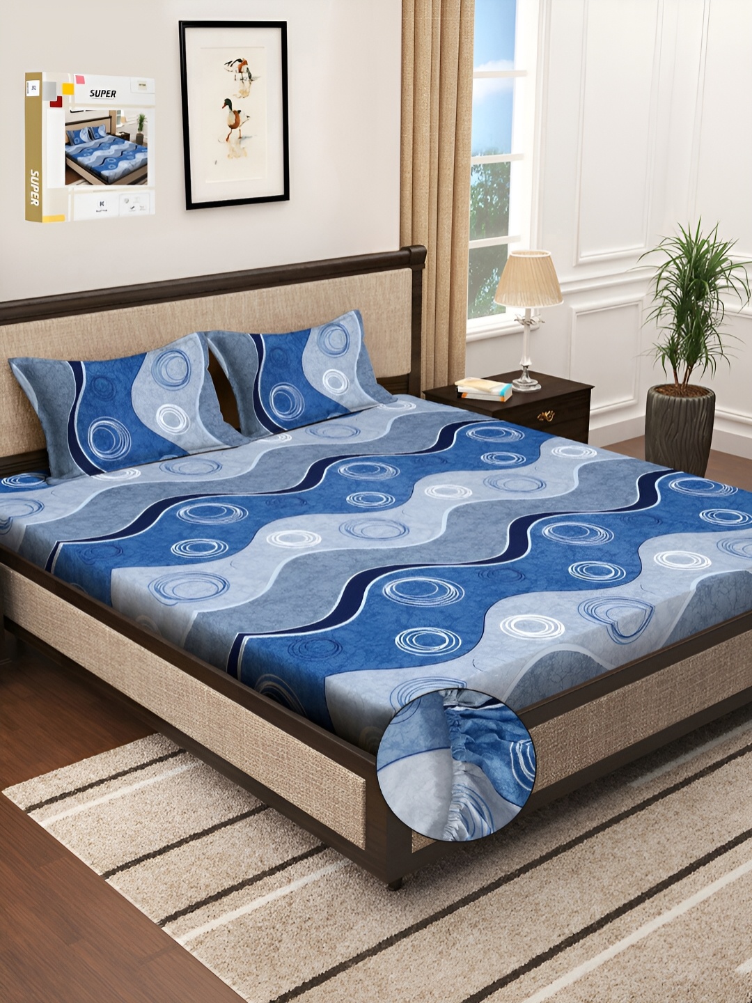 

KLOTTHE Blue & Black Geometric 300 TC Double King Fitted Bedsheet With 2 Pillow Covers