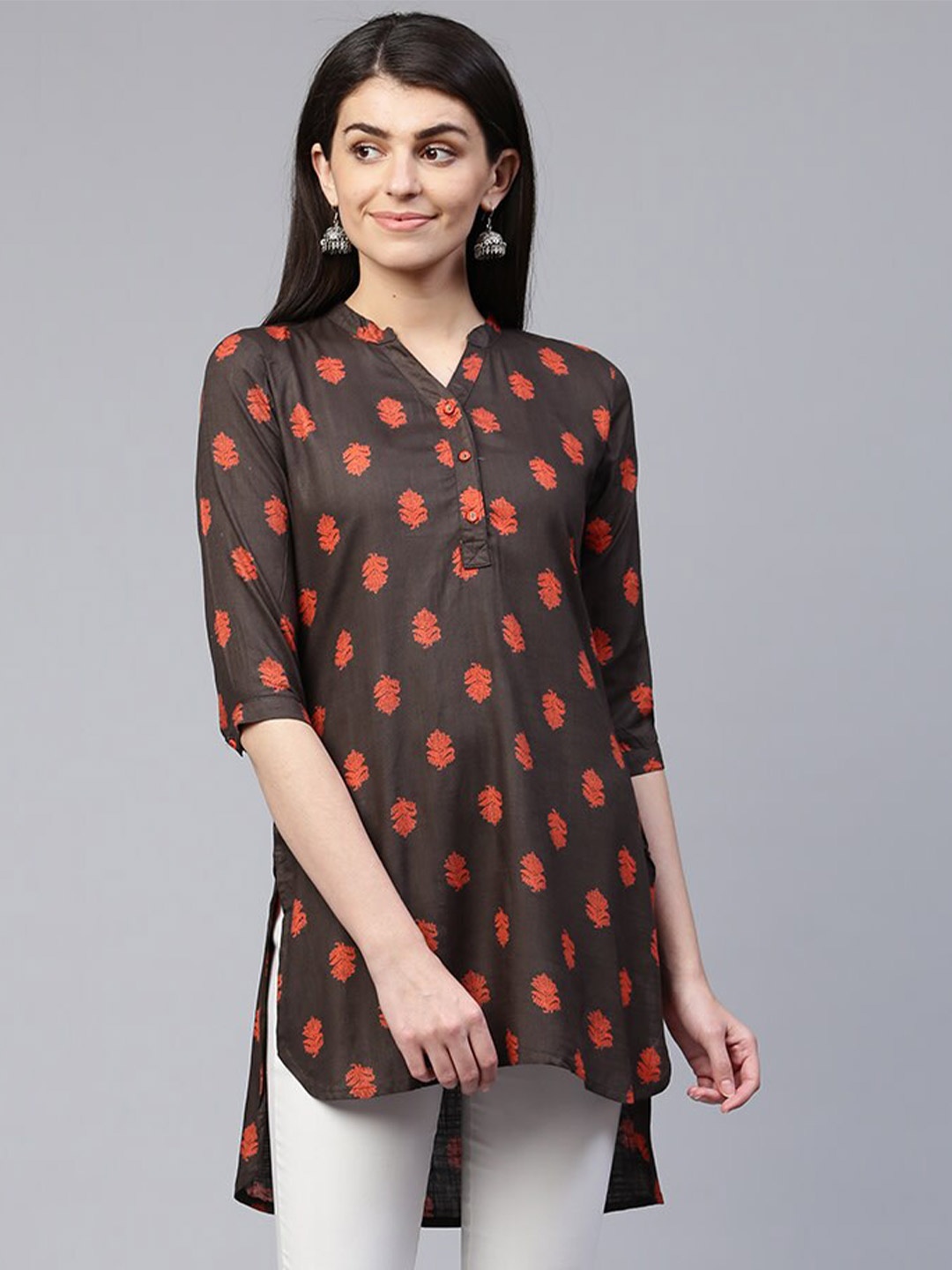 

all about you Ethnic Motifs Printed High-Low Liva Straight Short Kurti, Grey
