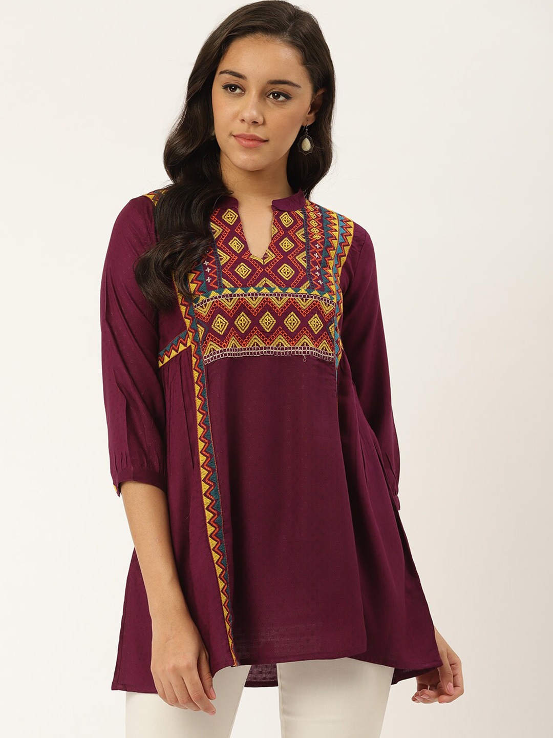 

all about you Ethnic Motifs Embroidered Mandarin Collar Tunic, Burgundy