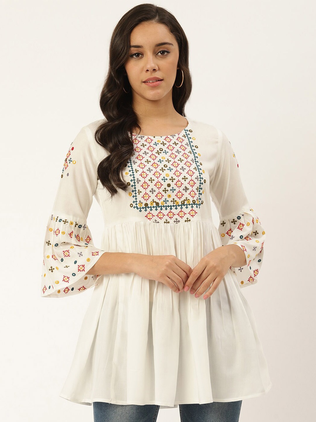 

all about you Ethnic Motifs Embroidered Mandarin Collar Tunic, Off white