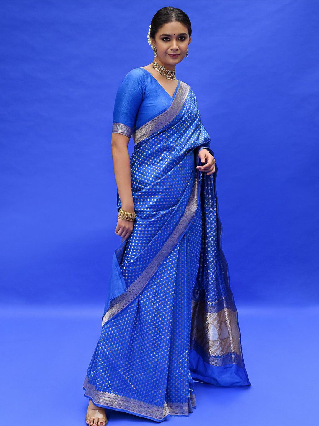 

KALINI Ethnic Motifs Woven Design Zari Detailed Banarasi Saree, Blue