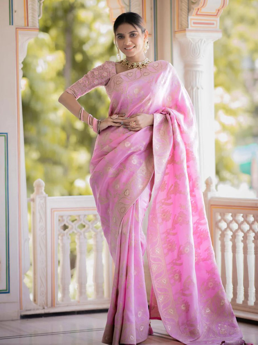 

KALINI Ethnic Motifs Weave Design Zari Saree, Pink