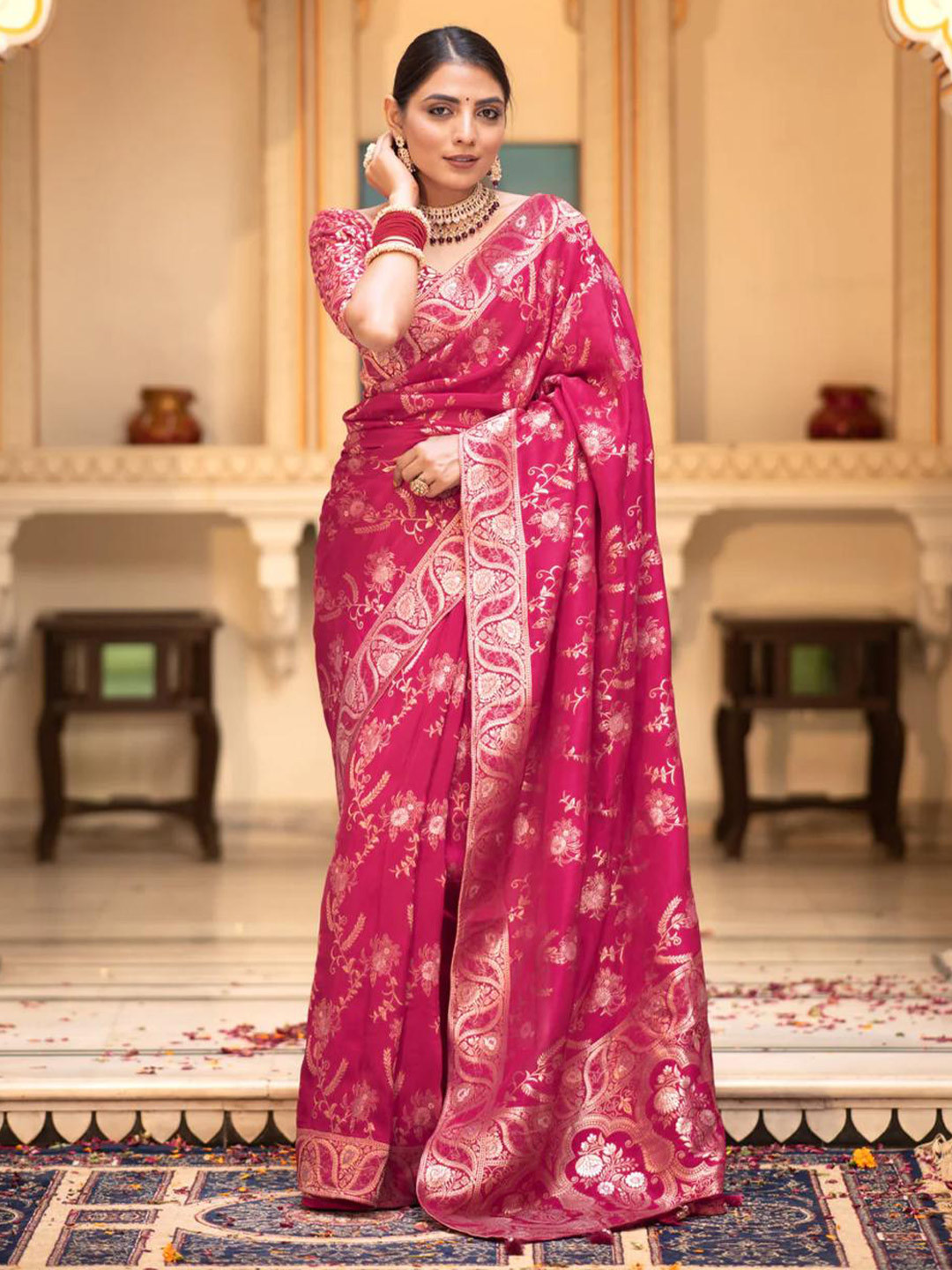 

KALINI Ethnic Motifs Woven Design Zari Saree, Pink