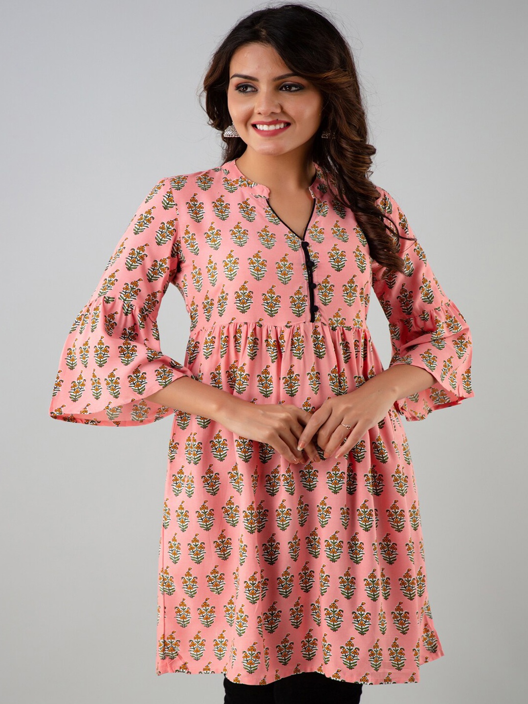 

all about you Floral Printed Mandarin Collar Bell Sleeves A-Line Kurti, Pink