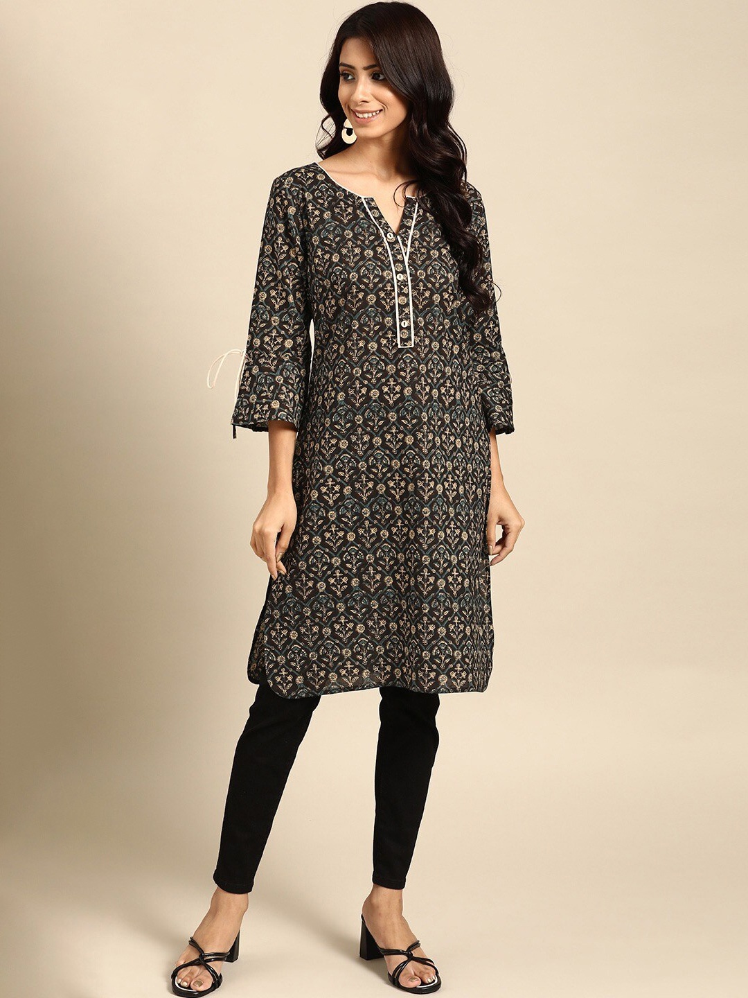 

all about you Ethnic Motifs Printed Pure Cotton Notched Neck Straight Kurta, Black