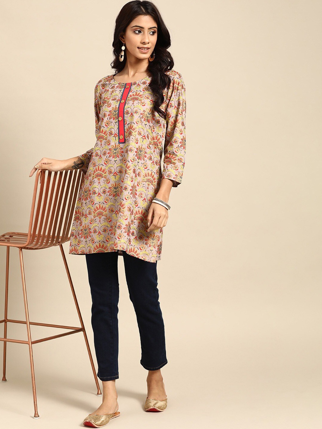 

all about you Floral Printed Round Neck Straight Pure Cotton Short Kurti, Beige