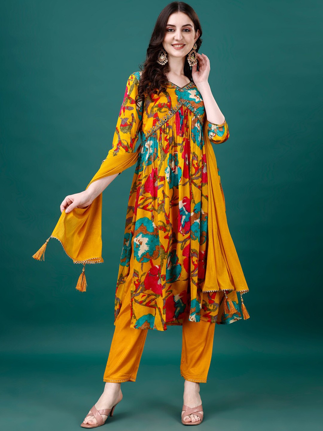 

Berrylicious Floral Printed Embroidered Pleated Pure Silk Kurta With Trousers & Dupatta, Mustard