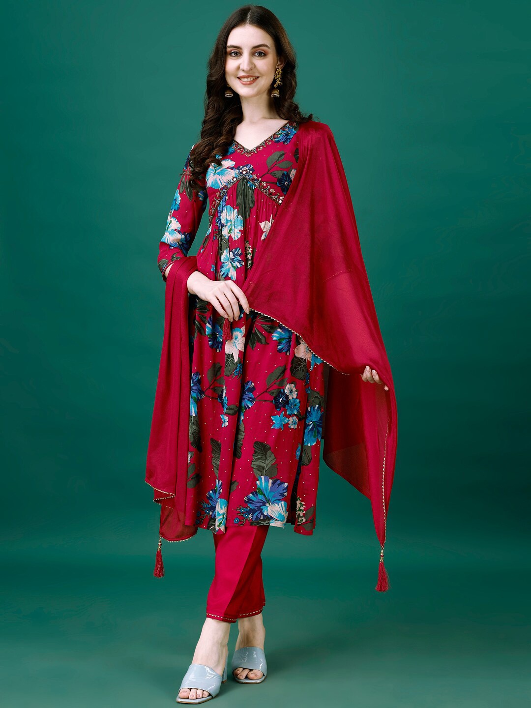 

Berrylicious Floral Printed Embroidered Pleated Pure Silk Kurta With Trousers & Dupatta, Pink