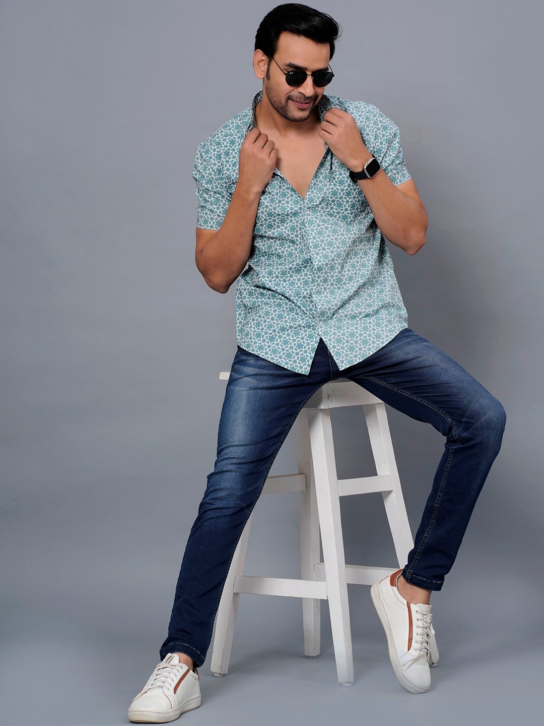 

JAIPURI COLLECTION Standard Opaque Printed Cotton Casual Shirt, Turquoise blue