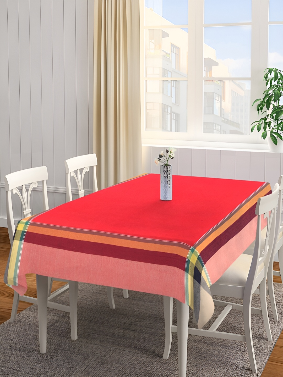 

KLOTTHE Red Woven Design Rectangular Cotton 6-Seater Table Cover