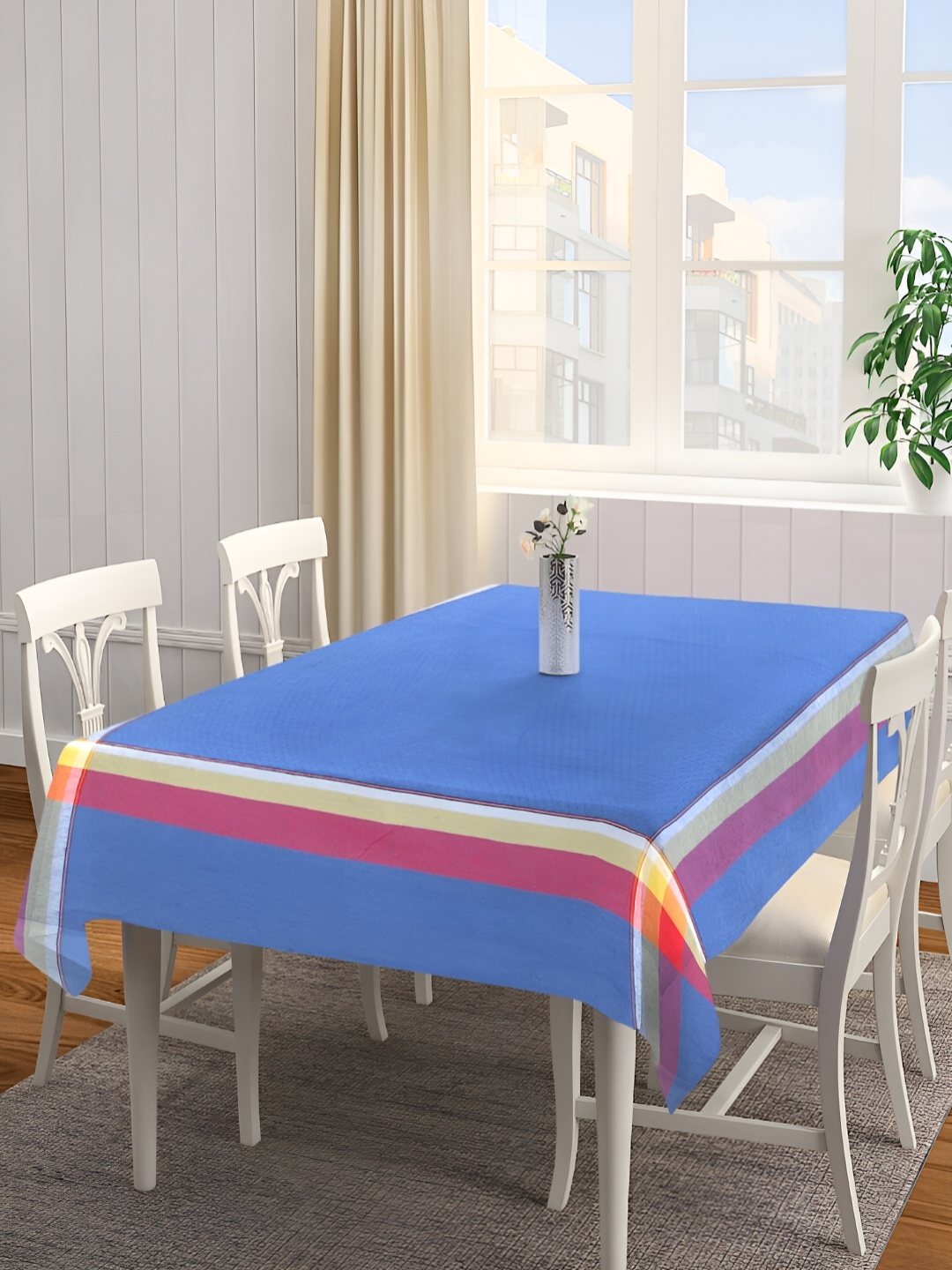 

KLOTTHE Blue & Pink Woven Design Cotton 6-Seater Table Cover