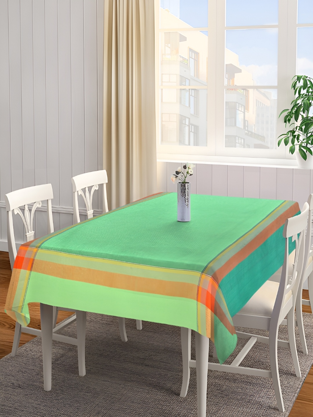 

KLOTTHE Green & Orange Woven Design Rectangular Shape Cotton 6 Seater Table Cover