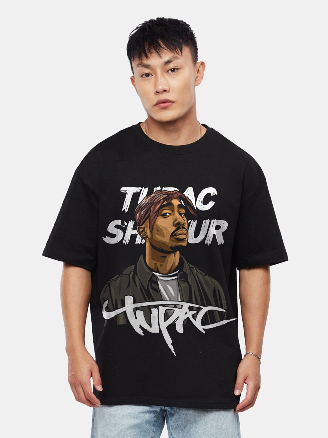 

Crazymonk Typography Drop-Shoulder Sleeves Cotton Oversized T-shirt, Black