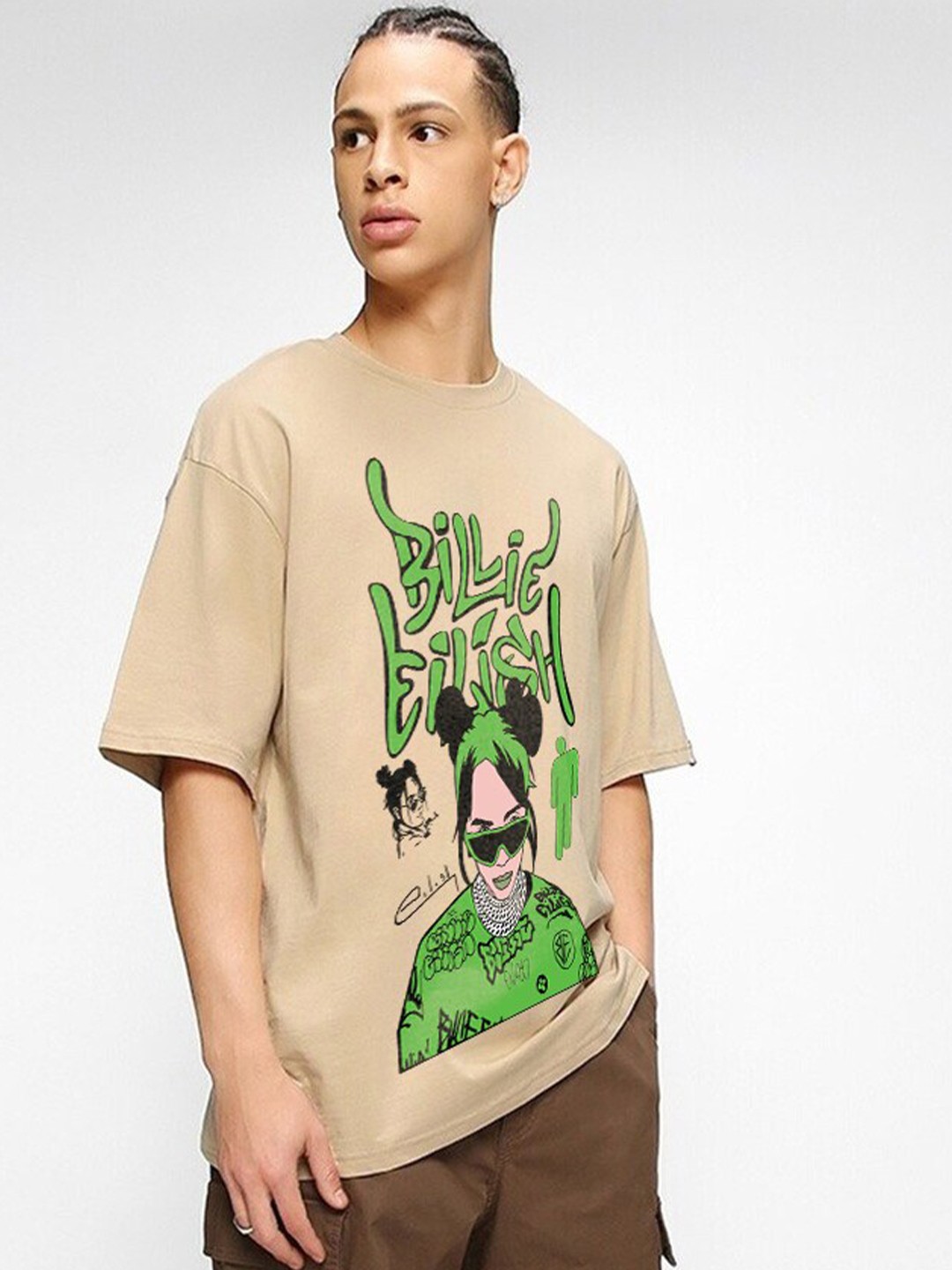 

Crazymonk Typography Drop-Shoulder Sleeves Cotton Oversized T-shirt, Beige