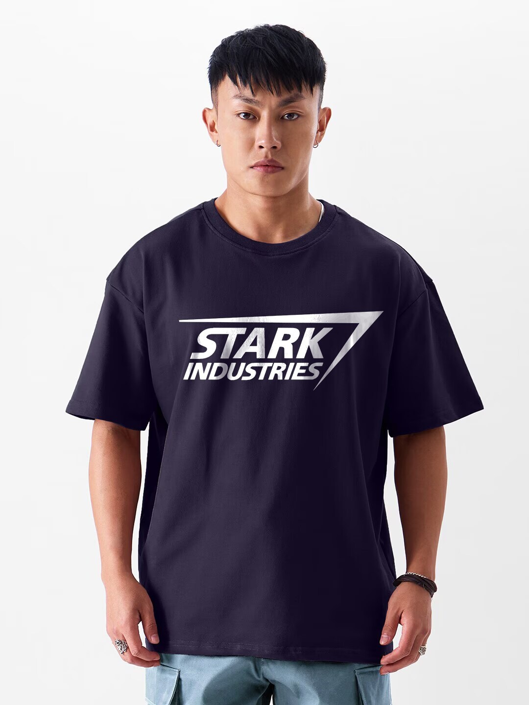 

Crazymonk Typography Drop-Shoulder Sleeves Cotton Oversized T-shirt, Navy blue