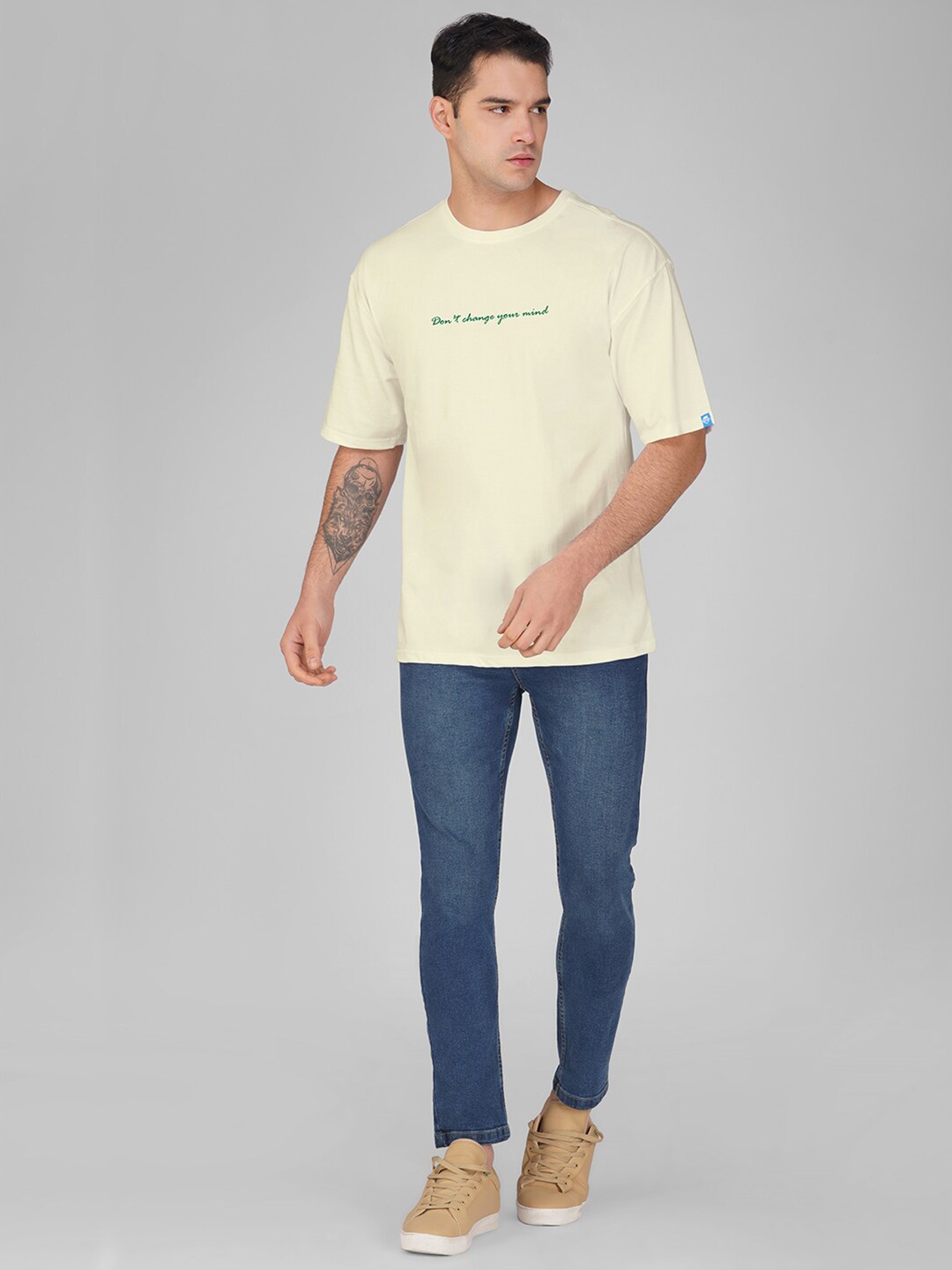 

Crazymonk Typography Drop-Shoulder Sleeves Cotton Oversized T-shirt, White