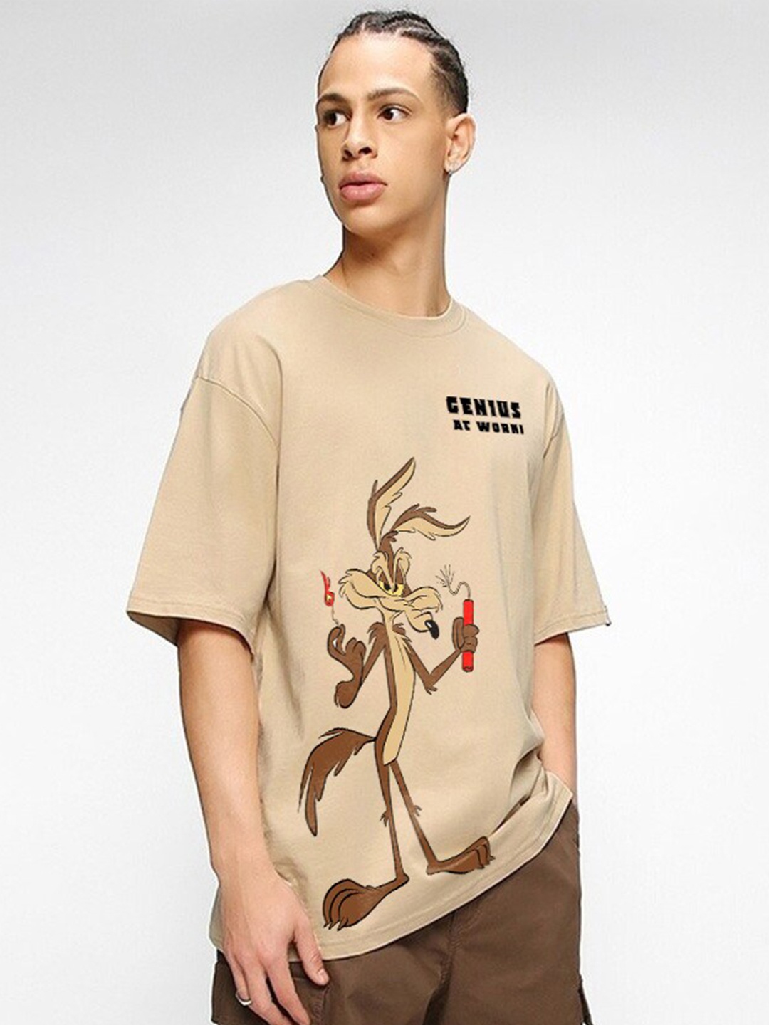 

Crazymonk Graphic Printed Cotton T-shirt, Beige
