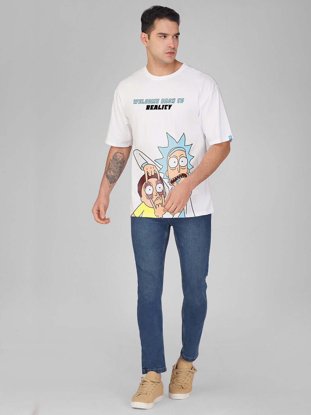 

Crazymonk Printed Round Neck Short Sleeves Cotton T-shirt, White