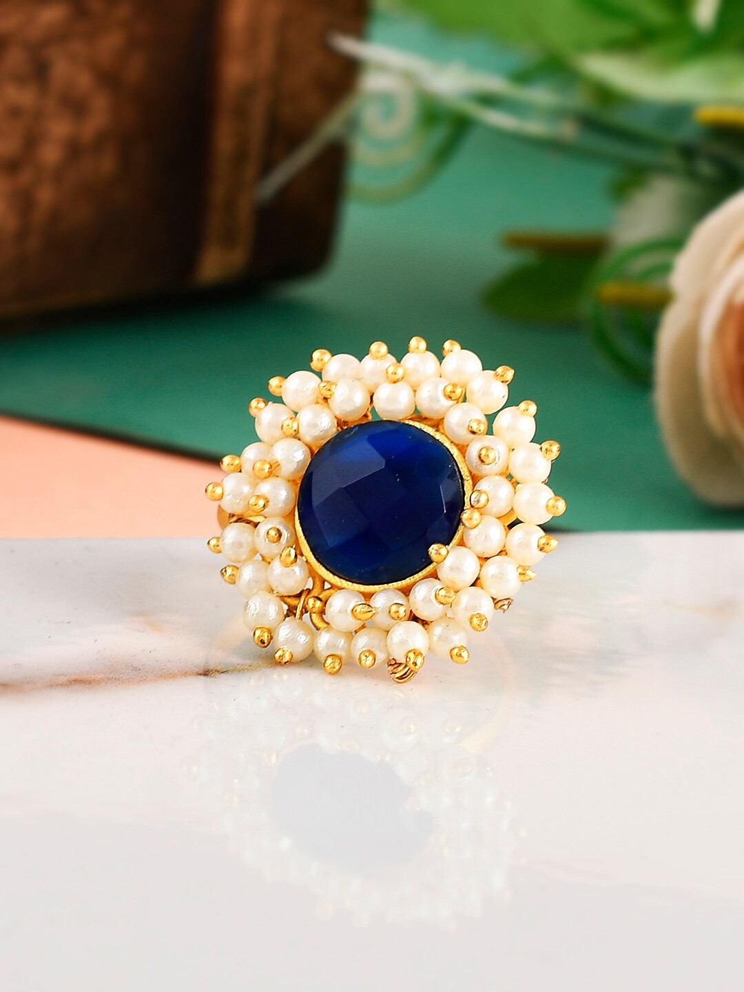 

Silvermerc Designs Gold Plated Stone Studded & Beaded Finger Rings