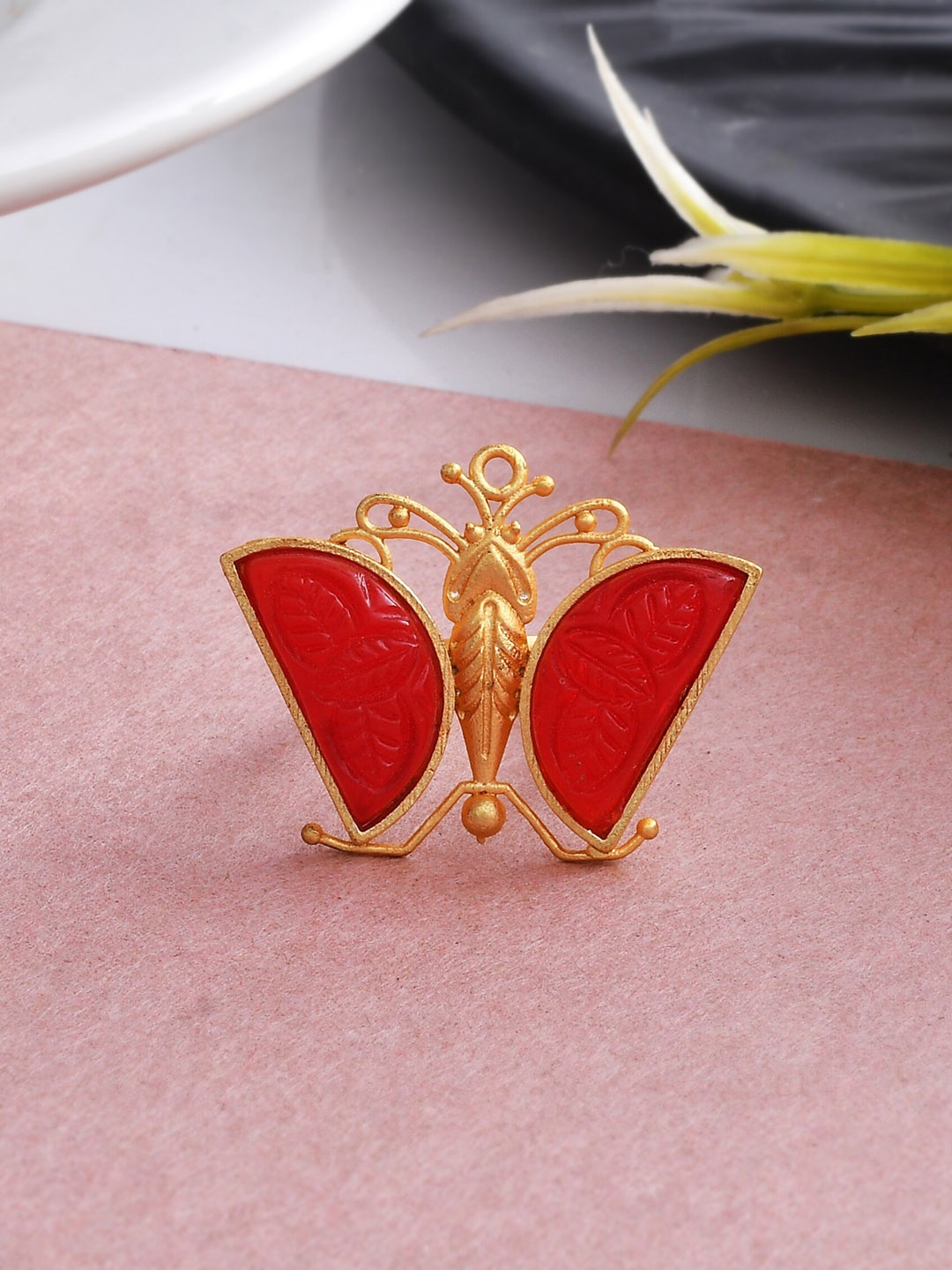 

Silvermerc Designs Gold Plated Stone Studded Butterfly Detail Finger Ring