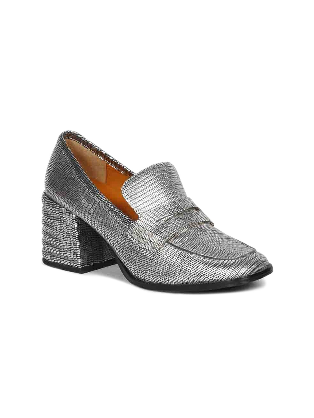 

Saint G Textured Round Toe Leather Block Heeled Pumps, Silver