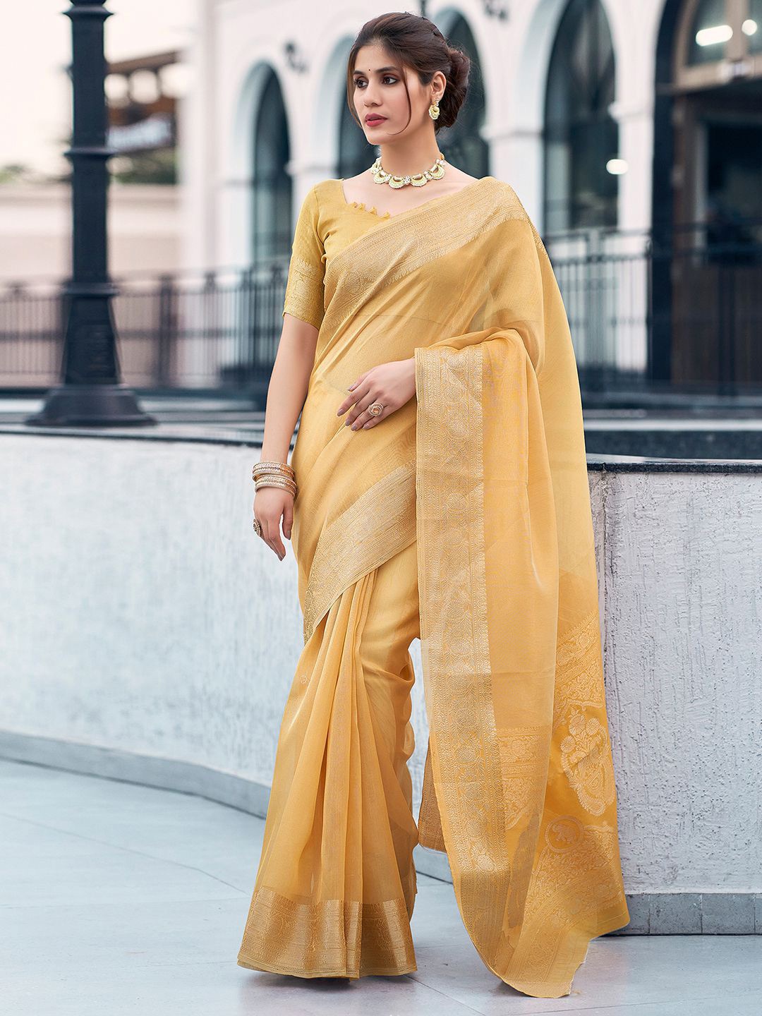 

Satrani Woven Design Zari Organza Banarasi Saree, Yellow